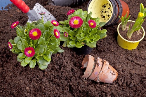 Gardener assessing a garden bed with tools and clipboard